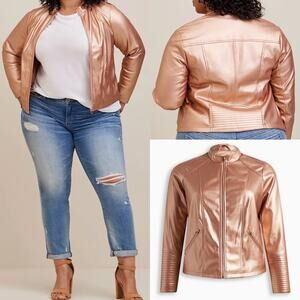 Torrid Rose Gold Jacket - Pink Metallic Zip Moto Faux Leather 0X Large Vegan